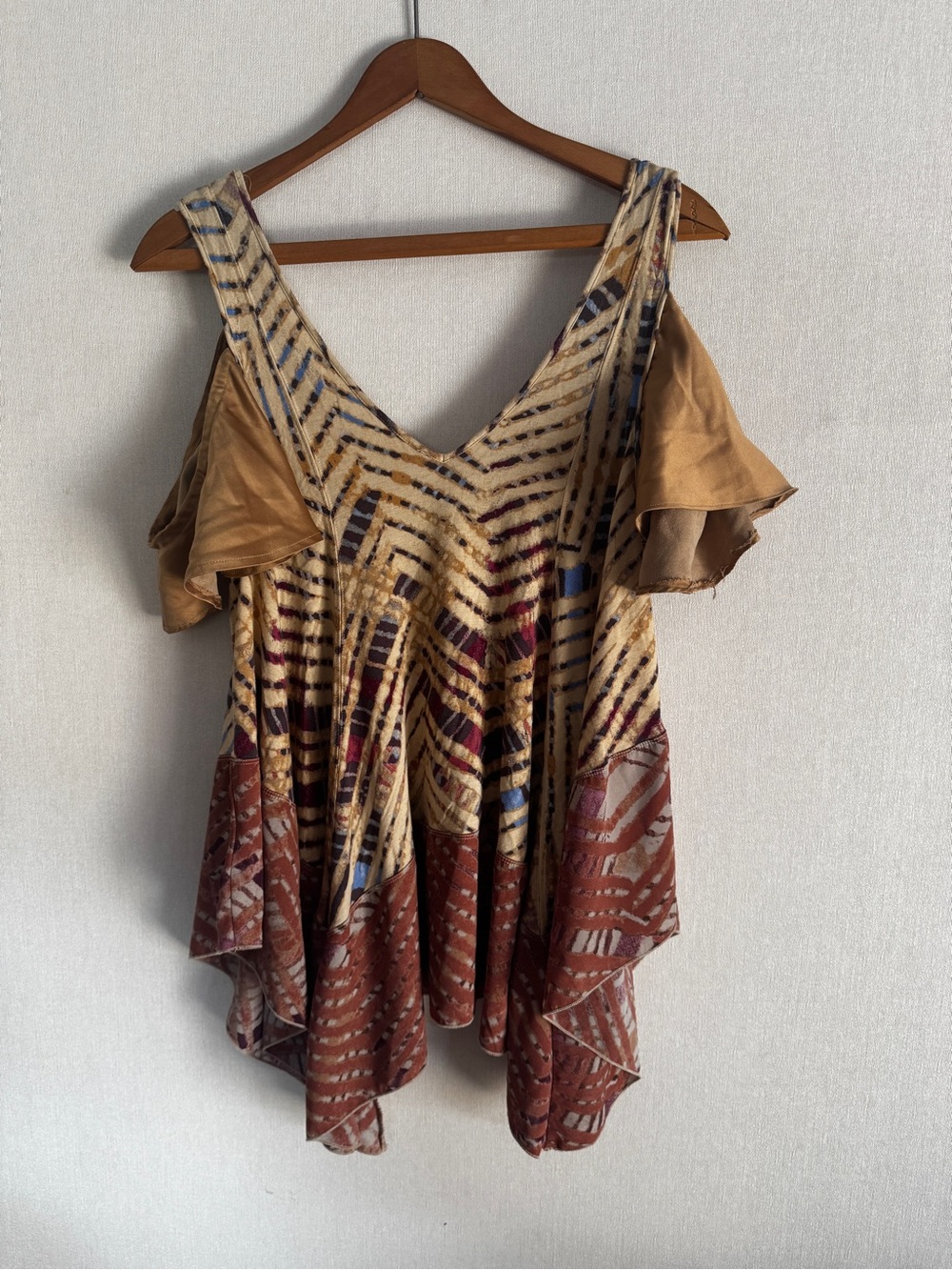 Free People Multicolor Boho Cold-Shoulder Tunic with Ruffle Sleeves